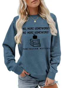 Detail view of women's crewneck sweatshirt with 'No More Homework' graphic print design.