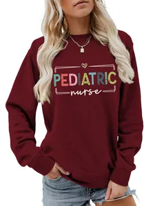 Detailed view of burgundy women crewneck sweatshirt with colorful Pediatric Nurse print