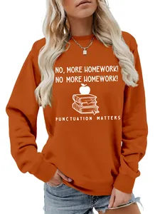 Detail view of women's orange crewneck sweatshirt with 'Punctuation Matters' graphic print