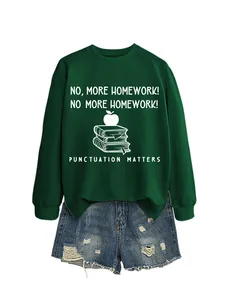 Dark green round neck sweatshirt with 'No More Homework' graphic and denim shorts detail.