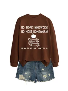 Brown crew neck sweatshirt featuring 'No More Homework' graphic print and denim shorts.