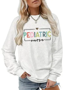 Detailed view of colorful Pediatric Nurse print on a white crewneck sweatshirt