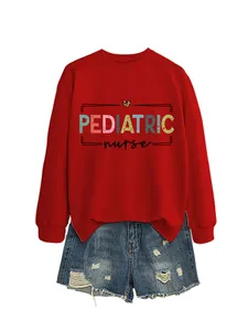 Red women's crewneck sweatshirt featuring colorful 'PEDIATRIC nurse' graphic print