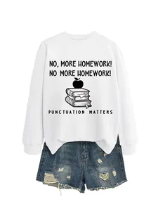 Close-up view of the "Punctuation Matters" slogan and book graphic on a white sweatshirt