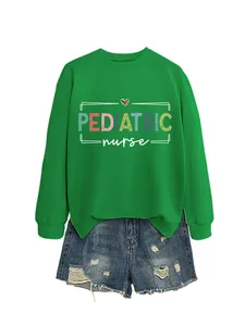 Bright green women's crewneck sweatshirt featuring pediatric nurse print and heart