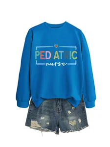Detail of bright blue crewneck sweatshirt featuring a colorful Pediatric Nurse print