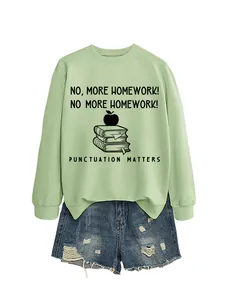 Light green sweatshirt with 'Punctuation Matters' book graphic print and denim shorts