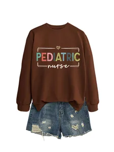 Full view of brown Pediatric Nurse sweatshirt paired with distressed denim shorts