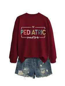 Detail of a maroon pediatric nurse crewneck sweatshirt with distressed denim shorts.