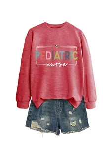 Detailed view of red crewneck sweatshirt with 'PEDIATRIC nurse' graphic print