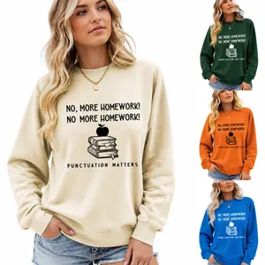 Women Round Neck Long Sleeve Sweatshirt Casual Cotton Blend Top No More Homework Graphic Printed Pullover Loose Fit Fashion Jumper