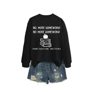 Stylish ladies black crewneck sweatshirt with unique 'No More Homework' graphic print design