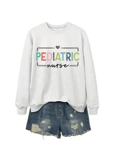 Detailed view of the grey pediatric nurse crewneck sweatshirt with colorful print