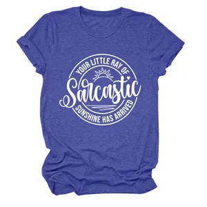 Gedetailleerd overzicht van blauw gemêleerd dames T-shirt met witte Sarcastic Sunshine print