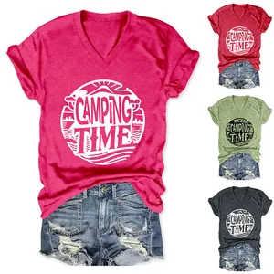 Women's V-neck T-shirt with Camping Time circular graphic and nature design