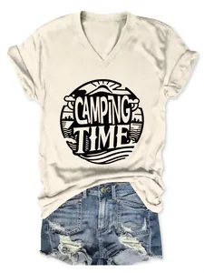 Casual women's V-neck camping t-shirt paired with distressed denim shorts set
