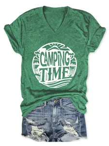 Close-up of green V-neck T-shirt with white Camping Time mountain graphic print.