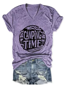 Women's casual V-neck purple heather T-shirt featuring 'Camping Time' graphic print