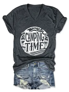 Casual women's dark gray V-neck T-shirt with white 'Camping Time' circular graphic print