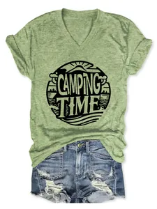 Detail view of Camping Time print on women's green V-neck short sleeve T-shirt