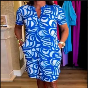 Blue and white abstract print V-neck dress with short sleeves and side pockets