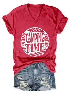 Casual red V-neck T-shirt featuring a white Camping Time graphic with denim shorts