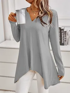Stylish grey ribbed long sleeve knit top with V-neck and asymmetrical hem for women