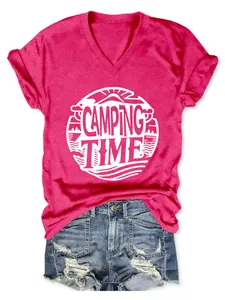 Casual fuchsia V-neck T-shirt with camping time print paired with denim shorts