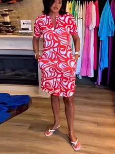Women's Summer Polyester V-Neck Short Sleeve Dress Abstract Swirl Print A-Line Midi Dress With Pockets Casual Fashion Dress