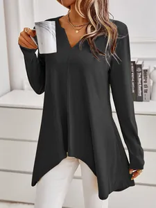 Detail view of a black ribbed knit V-neck sweater with asymmetrical hem for women.