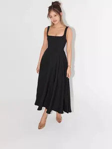 Elegant black midi dress with square neckline and flared skirt shown on a model.