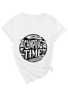 Detailed view of women's white V-neck T-shirt with Camping Time graphic and side knot.