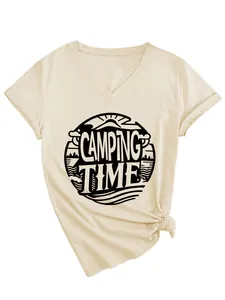 Close-up detail of the camping time graphic print on a cream v-neck t-shirt for women