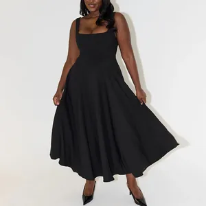 Elegant black square neck midi flare dress with slim fit bodice and flowing skirt