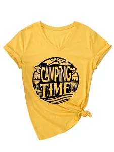 Close-up of stylish yellow women's V-neck T-shirt featuring a camping time graphic print