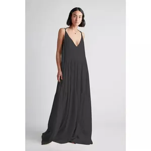 Women European Summer Loose Solid Color Pleated Irregular Maxi Dress Polyester Cami Beach Tiered Long Dress For Women