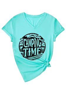 Detail of mint green women's V-neck T-shirt with Camping Time graphic print