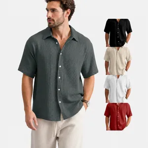 Men's Summer Casual Short Sleeve Shirt Loose Fit Crinkle Textured Button Up Top Lapel Collar Solid Color Breathable Clothing
