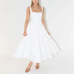 Elegant white square-neck midi dress with wide straps and flared skirt silhouette