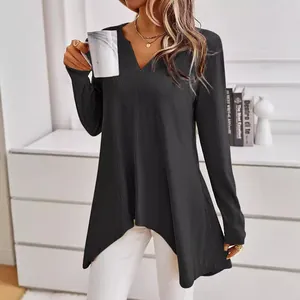Chic women's grey ribbed V-neck knit top with asymmetrical hem for spring fall fashion.