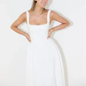 Detail view of an elegant white square neck sleeveless midi dress with a slim fit