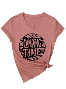 Detailed view of women's pink V-neck t-shirt with black Camping Time graphic print