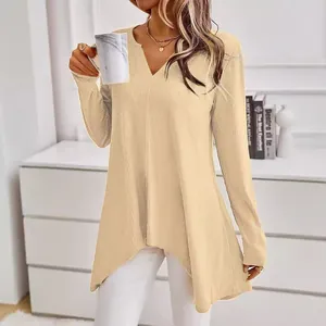 Elegant beige V-neck ribbed knit top with irregular hem for women's autumn style