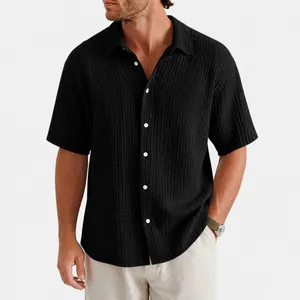 Men's loose casual short-sleeve shirt in black textured fabric with white buttons