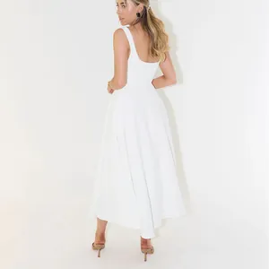 Elegant back view of a premium white sleeveless midi dress with a slim fit silhouette.
