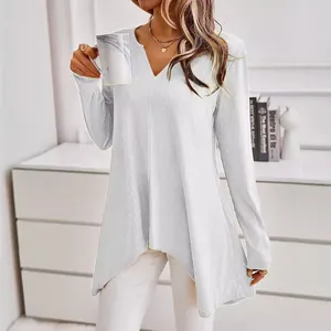 Chic women's light grey ribbed V-neck knit sweater featuring a stylish asymmetric hem