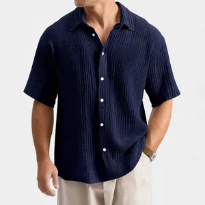 Men's casual loose short sleeve shirt with navy blue textured fabric for summer
