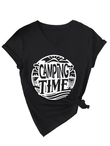 Close-up of black V-neck T-shirt with white Camping Time graphic print design