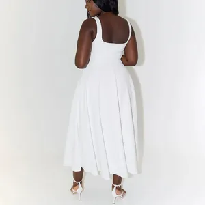 Back view of a white sleeveless midi dress with a square back and flared skirt