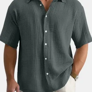 Men's casual loose short sleeve shirt with textured crinkle fabric in dark grey-green